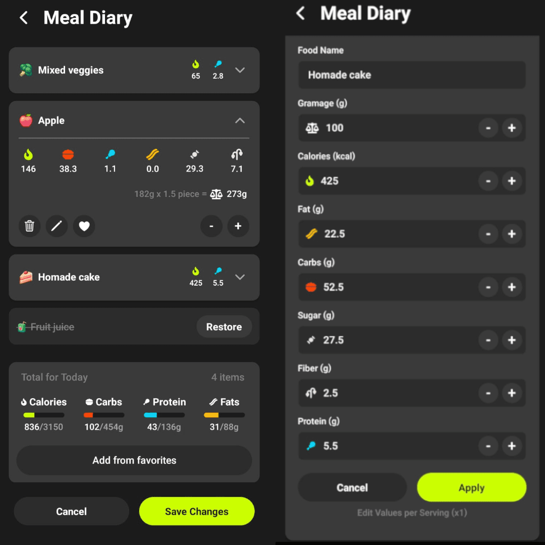 Meal diary interface showing your logged foods
