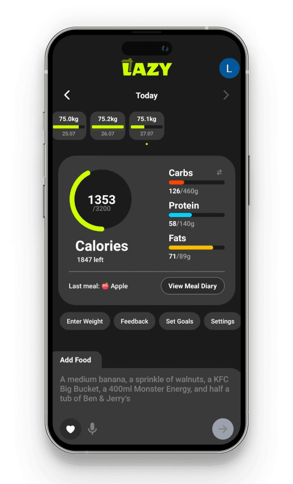 Lazy Calorie Tracker main screen mockup