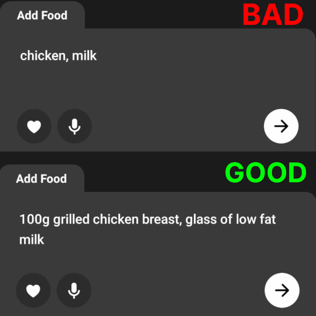 Example showing bad vs good food input with details