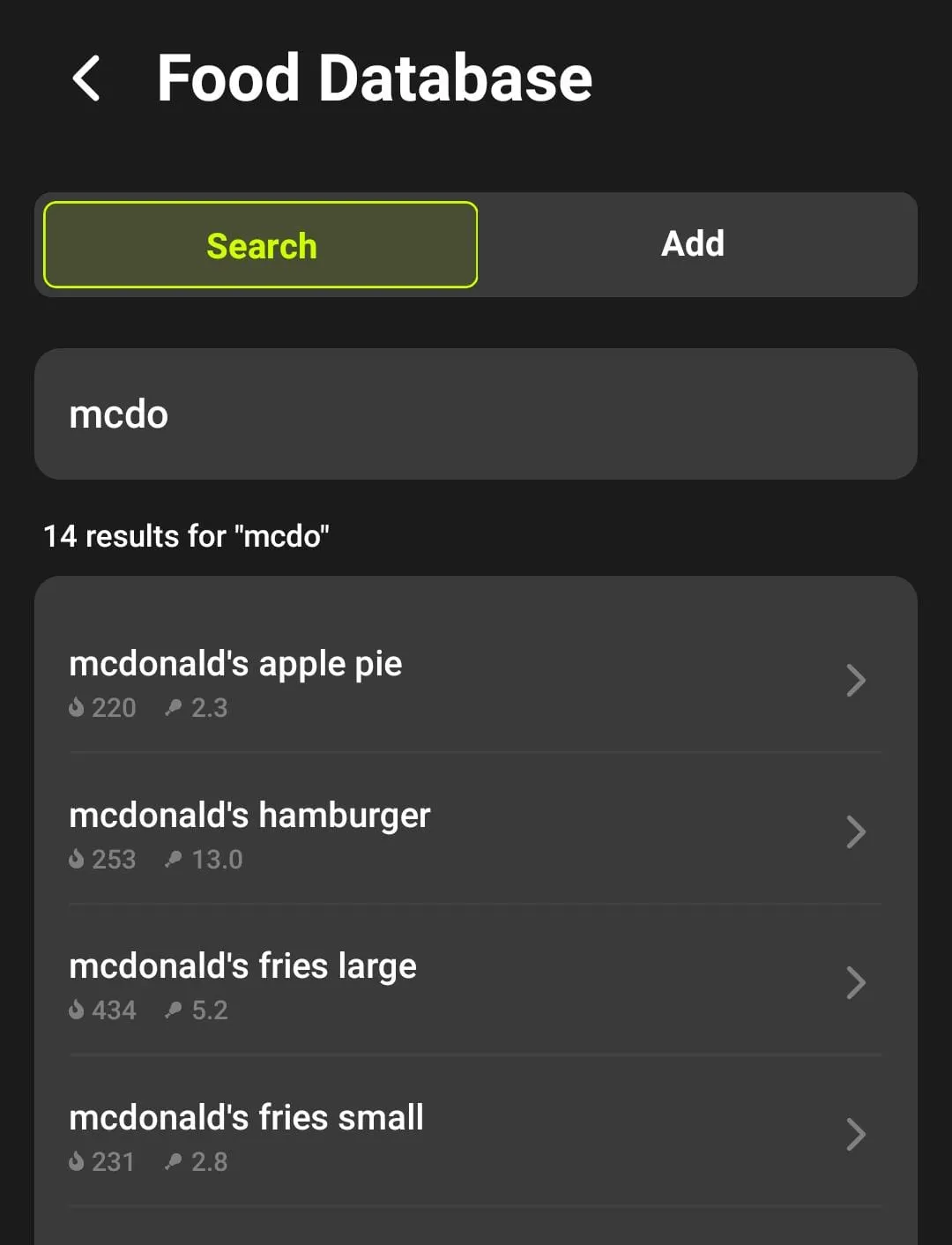 Food database search icon and interface